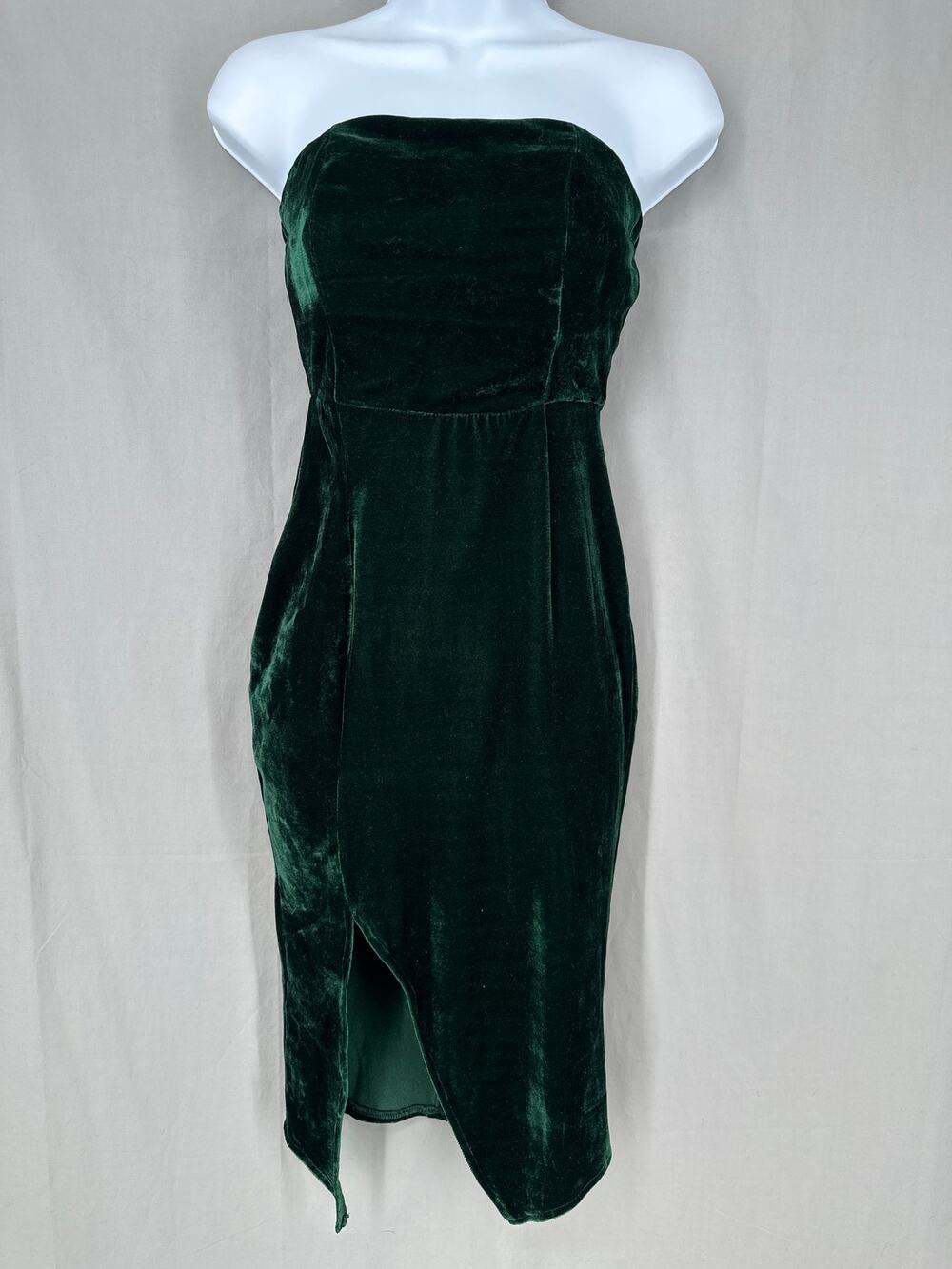 Lulus Dress XS Green Velvet Midi Strapless Party Cocktail Stretch Slit Party